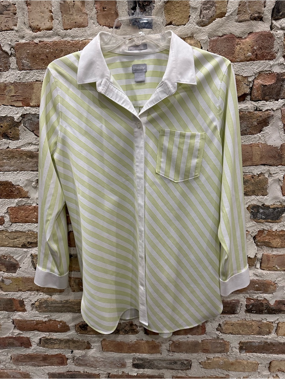 Chico's Women’s Light Green & White Striped Button-Up Shirt